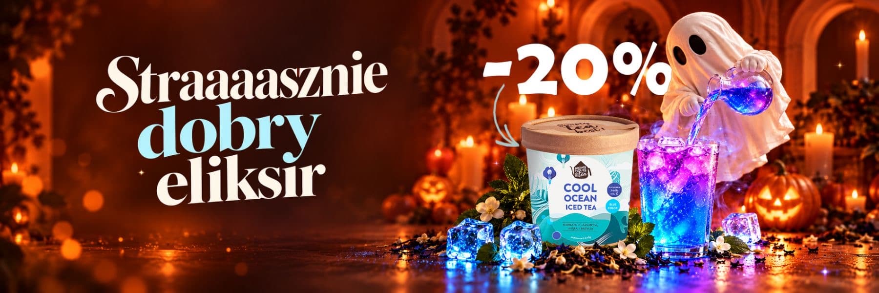 Cool Ocean w halloweenowej scenerii z duszkiem, dyniami i niebieskim naparem