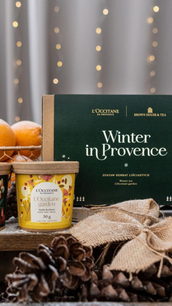 Zestaw prezentowy dla klientów marki L'Occitane - Winter in Provance z herbatą L'Occitane garden.