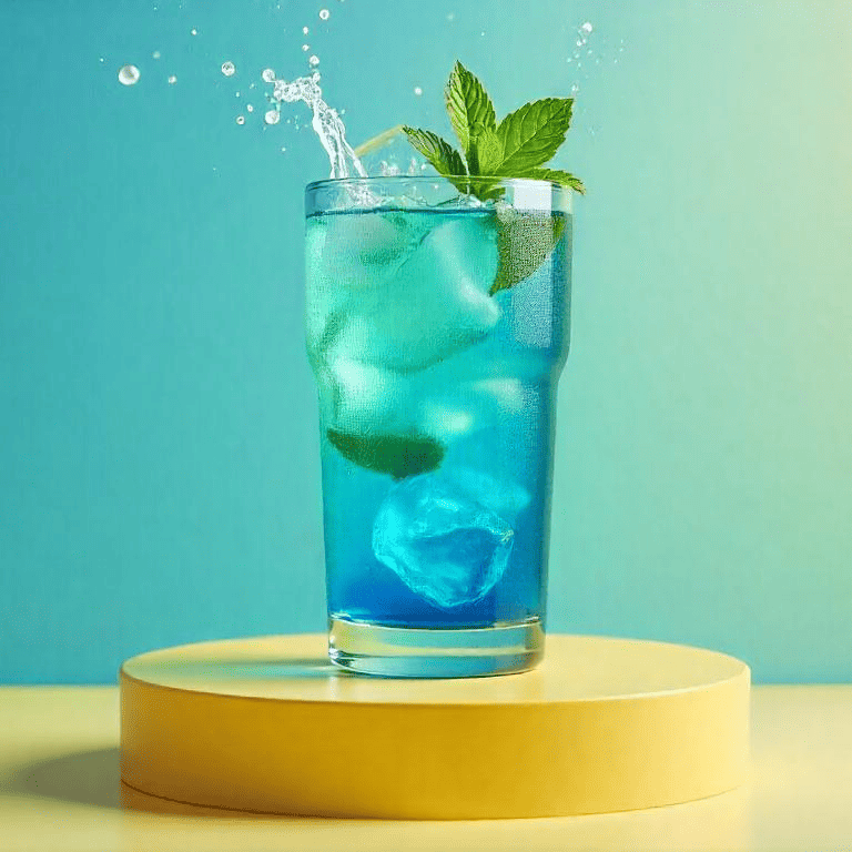 niebieska herbata cold brew w wysokiej szklance z lodem i miętą na podeście